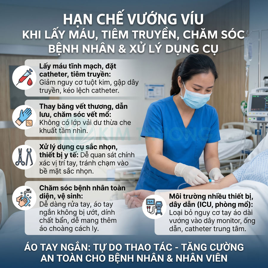 Điều dưỡng mặc áo tay ngắn màu xanh đang chăm sóc, tiêm truyền cho bệnh nhân trong phòng bệnh viện hiện đại